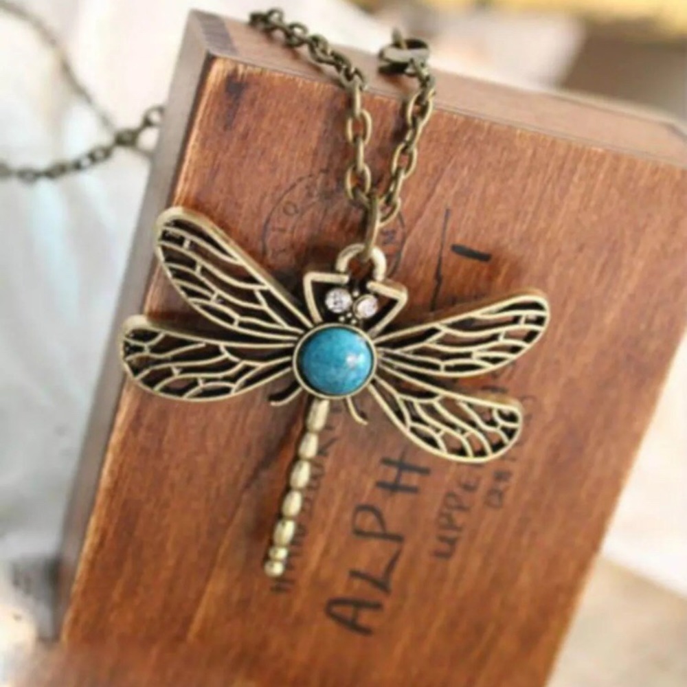 DRAGONFLY Long Chain Bronze Turquoise Sweater Necklace Retro Boho Hippie - Picture 10 of 11